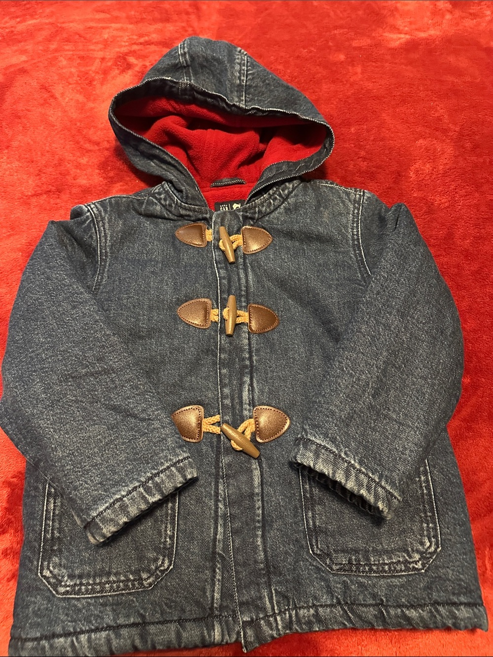 GAP Blue Denim Hooded Toggle Jacket with Red Lining